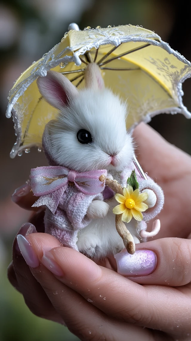 Angora Rabbit and Mouse Under Umbrella