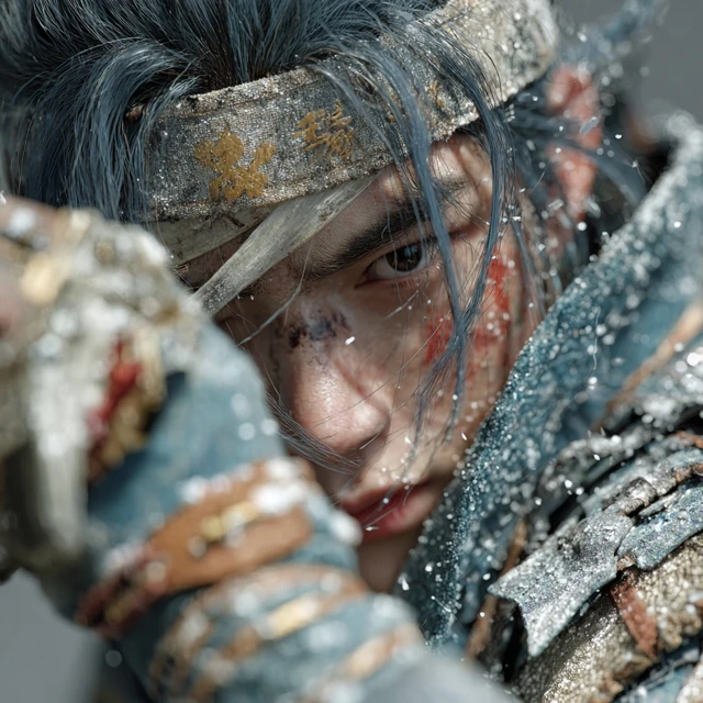 Handsome Warrior in Hanfu Close Up Detail