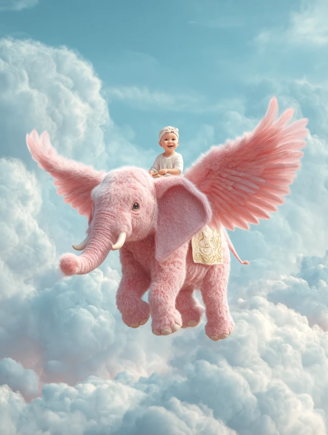 Baby Riding Flying Elephant in the Sky