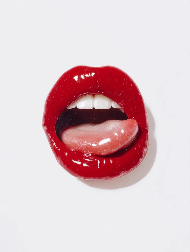 Hyperrealistic Red Lips with Tongue Out on White