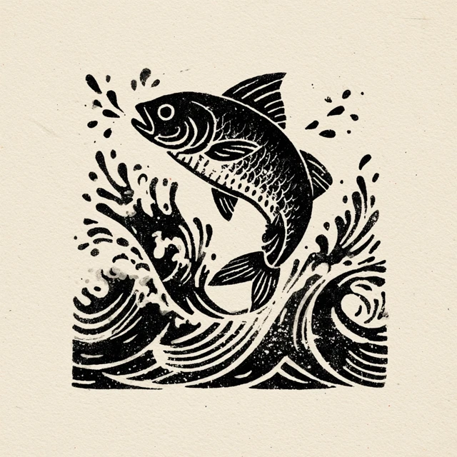 Mullet Fish Leaping Linocut Illustration
