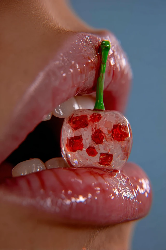 Glossy Lips with Cherry: Ultra Realistic Close-Up
