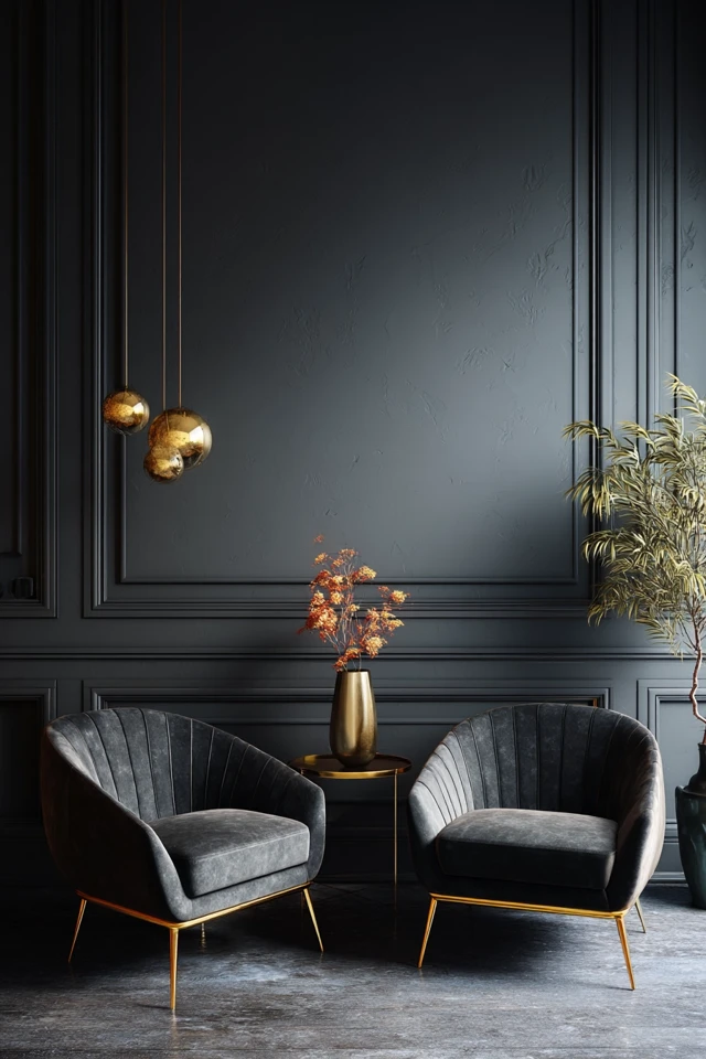 Dark Interior Design with Gold Accents Armchairs