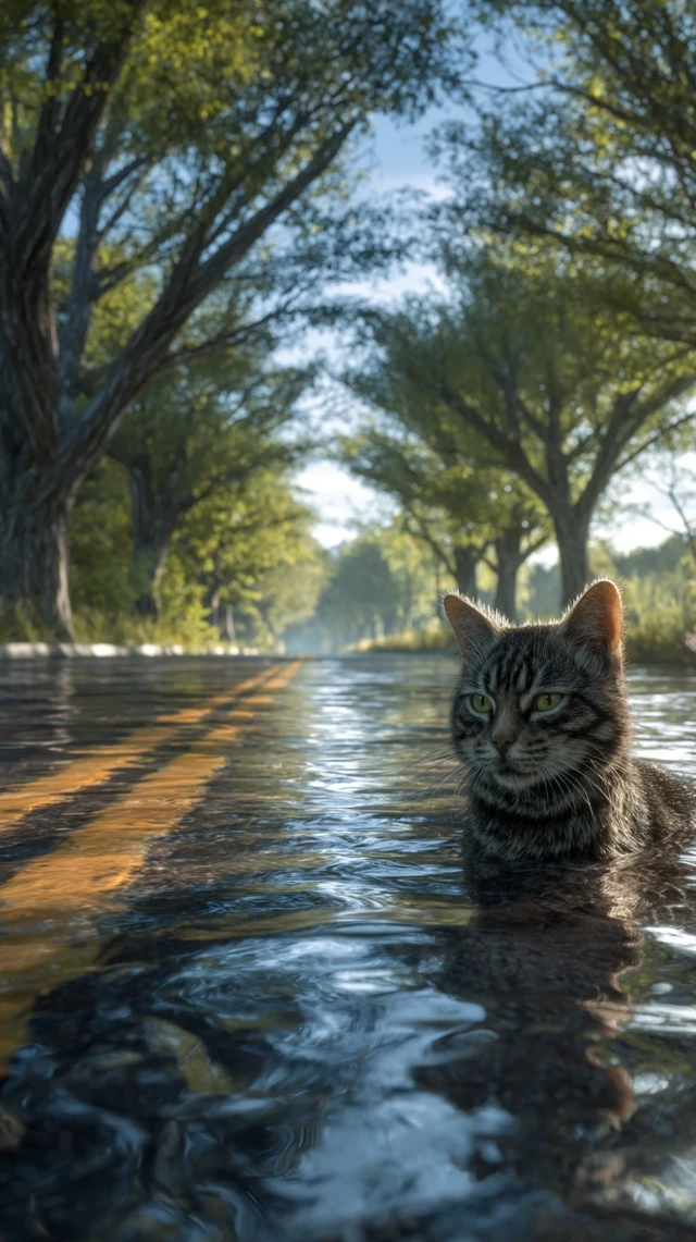 Scared Cat in Flooded Ditch After Rain 3D Render