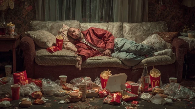 Man Sleeps on Couch Surrounded by McDonalds
