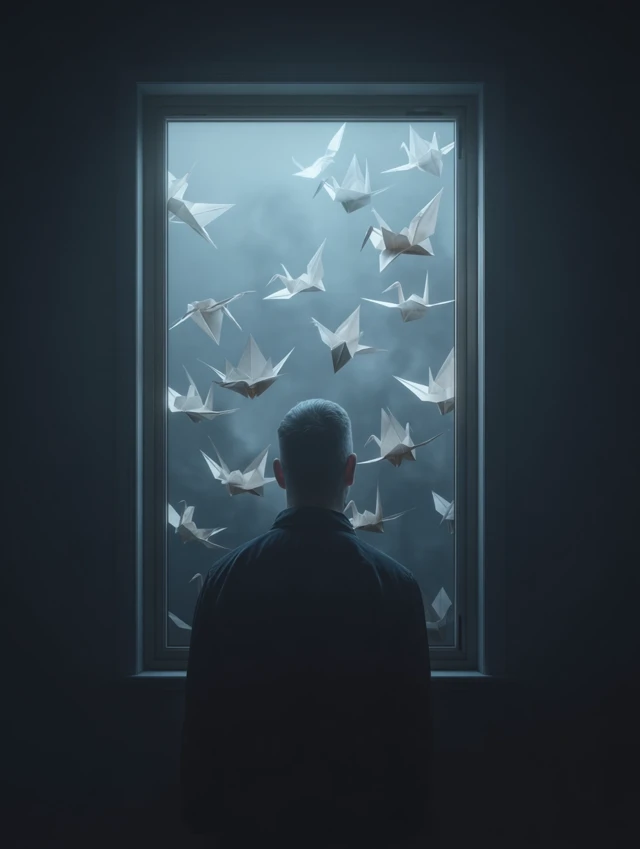 Man and Origami Cranes Surreal and Symbolic