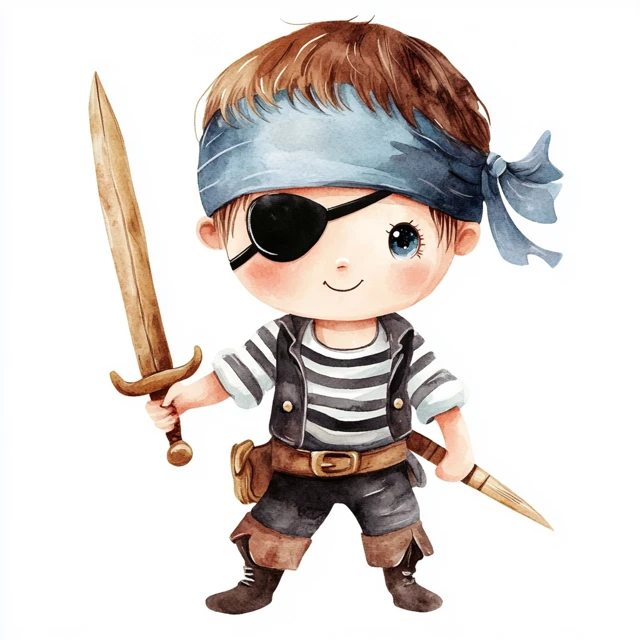 Cartoon Pirate Boy with Eyepatch and Wooden Sword