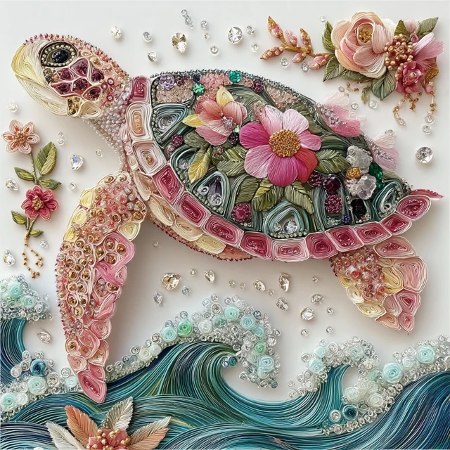 Embroidered Sea Turtle Floral Gemstone Art
