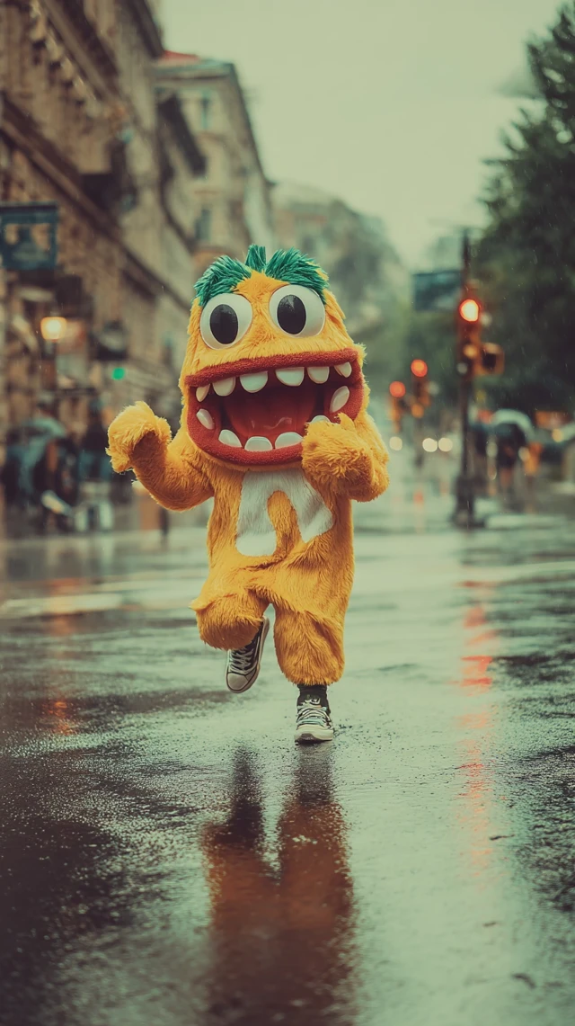 Monster Mascot Runs in the Rain Street Photography
