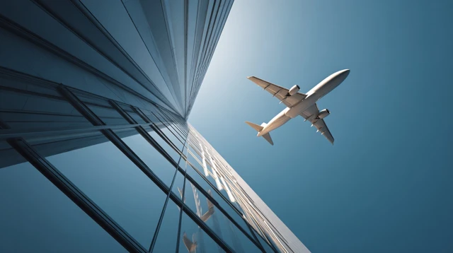 Airplane over Modern Building