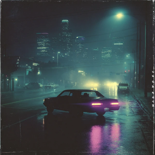 Urban Night Scene Car in Neon Houston Lights