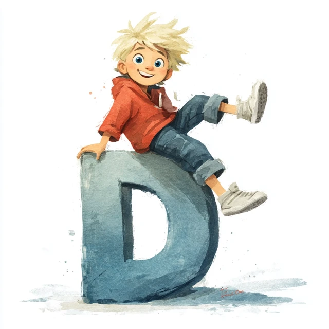 Happy Boy on Letter D Character Concept Art