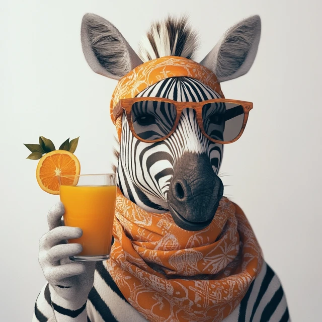 Zebra with Orange Juice in Sunglasses Hyperrealistic