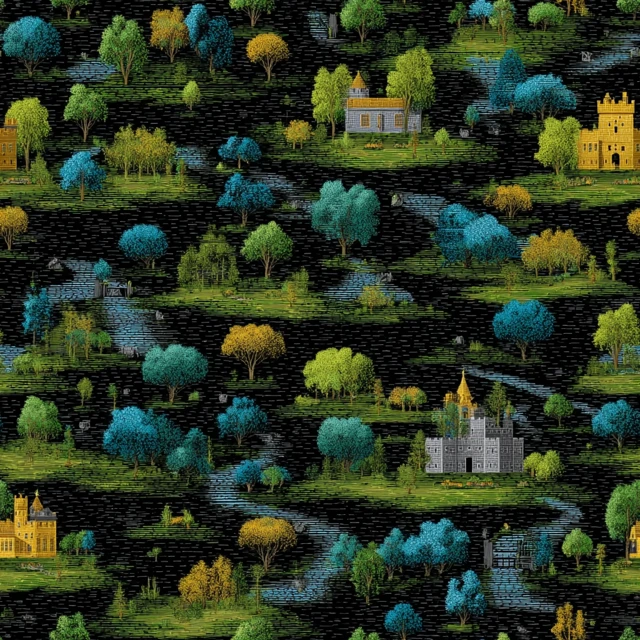 Landscape Fabric Pattern Village Castle Green Blue Gold