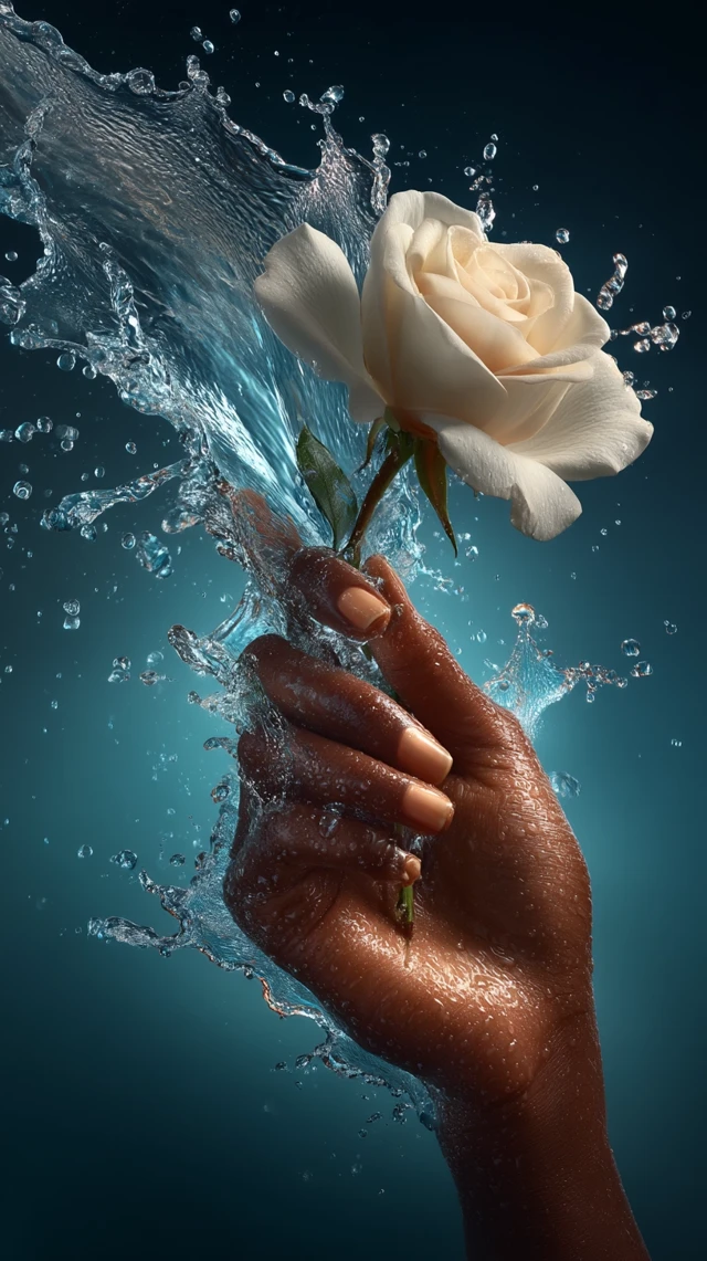 Hand with Rose and Water Cinematic Closeup