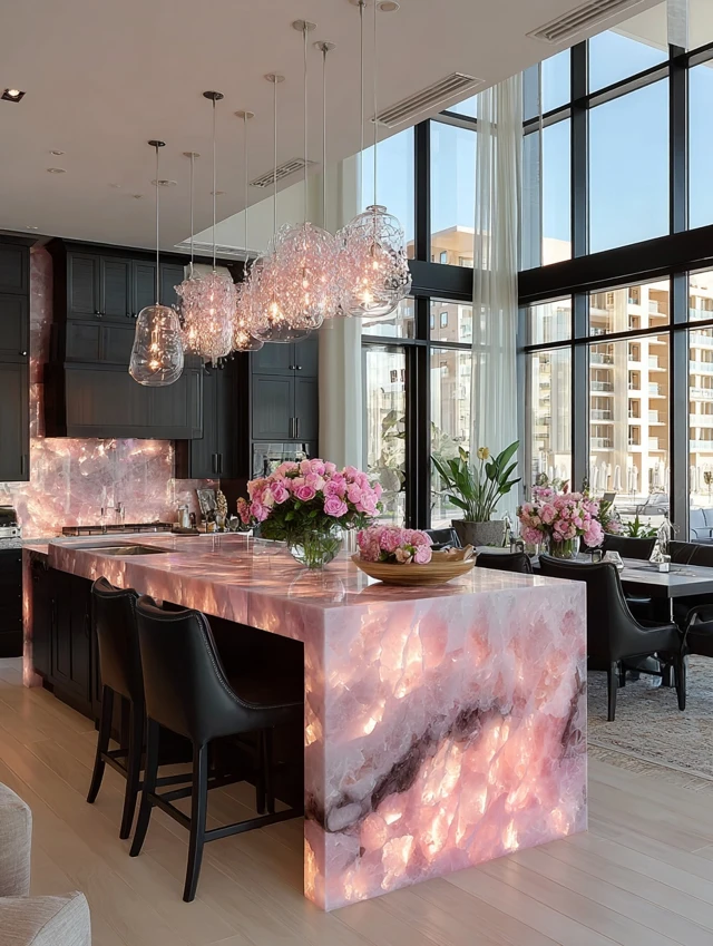 Luxury Pink Kitchen Island with Chandelier Design