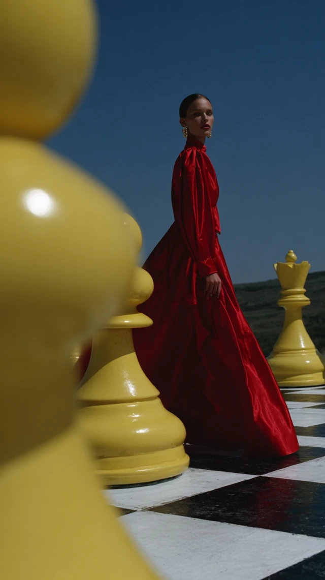 Red Dress on Chessboard Retro Fashion Editorial