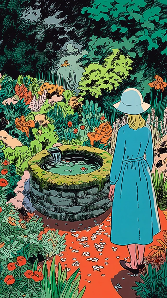 Secret Garden Illustration Girl by Stone Fountain