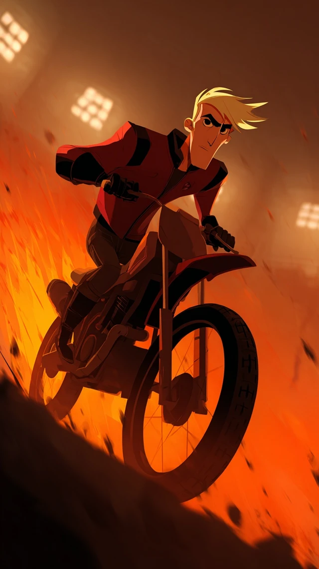 Motorcycle Stuntman Through Fire Cartoon Style