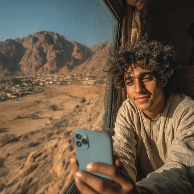 Saudi Man Taking Photo in Desert Landscape