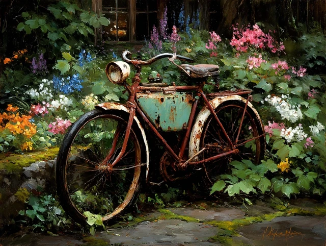 Rusty Bike in a Flower Garden Thomas Kinkade Style