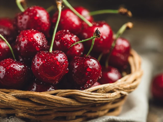 Fresh Cherries in Woven Basket Close Up