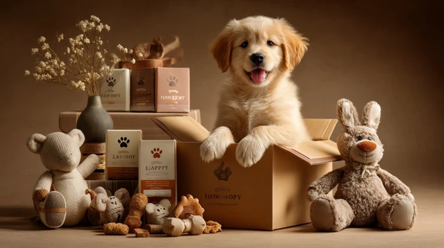 Golden Retriever Puppy in Delivery Box Stock Photo