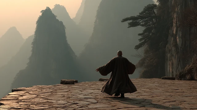 Solitary Monk Ritual in Chinese Mountains