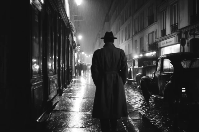 Man in Trenchcoat Walking Paris Night Rainy Black and White