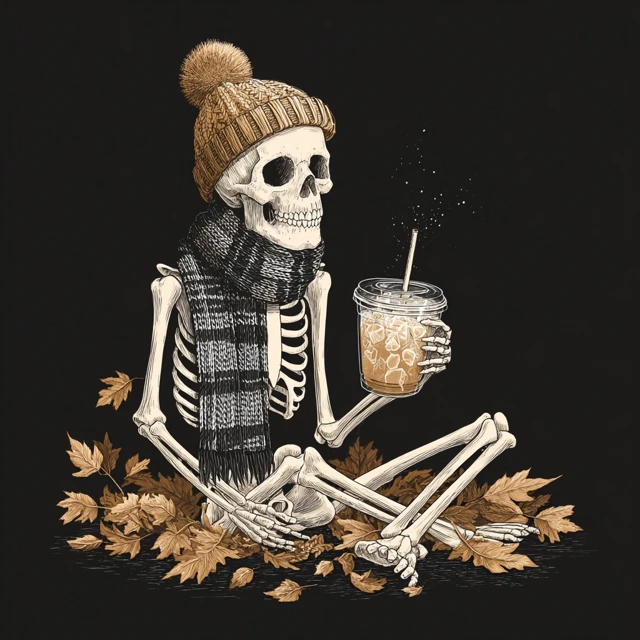 Cute Skeleton with Coffee Autumn Vibes Tee Design