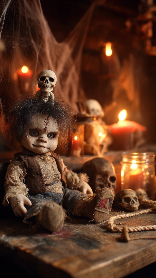 Creepy Doll and Skulls Halloween Scene