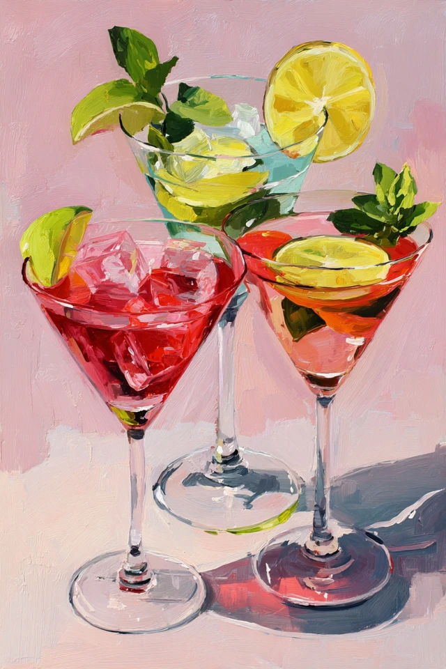 Cocktail Painting Martini Glasses with Lemon Lime and Mint
