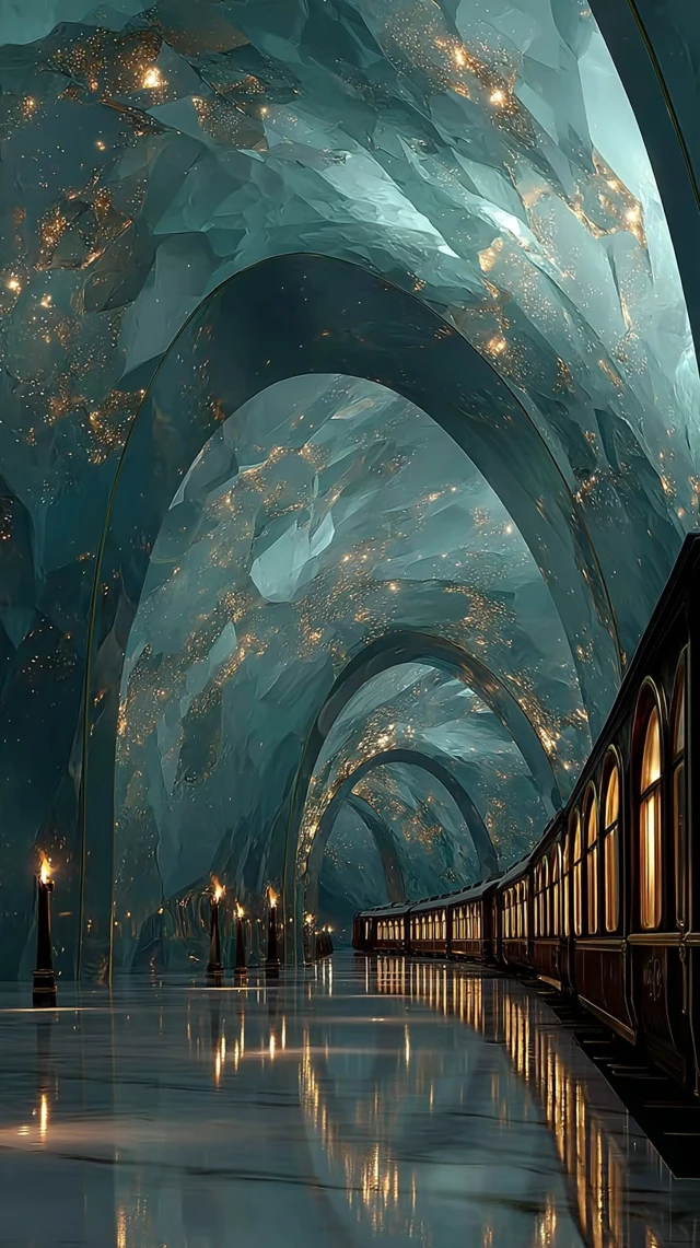 Dreamy Train Journey Through a Crystal Tunnel