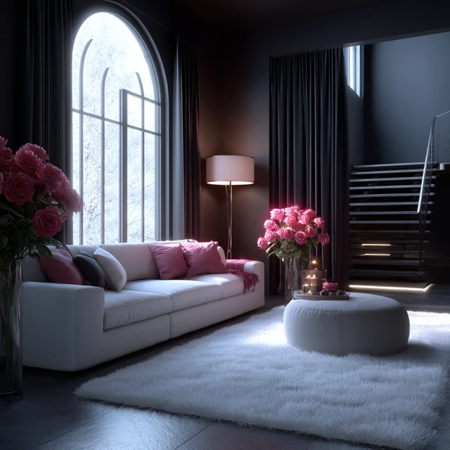 Minimalist Dark Interior Design with Pink Roses