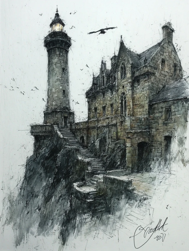 Graphite Sketch Lighthouse on Cliff