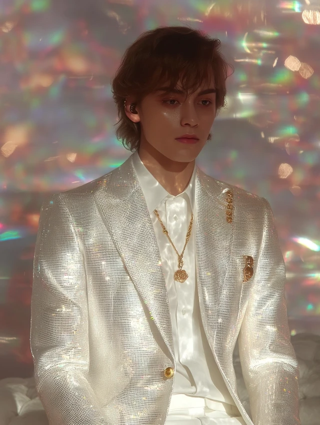 Handsome KPop Idol in White Suit Gold Accessories
