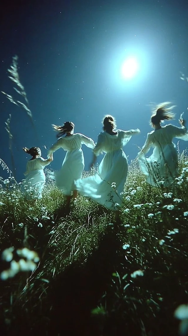 Witches Dancing Moonlight Dreamy Night Scene