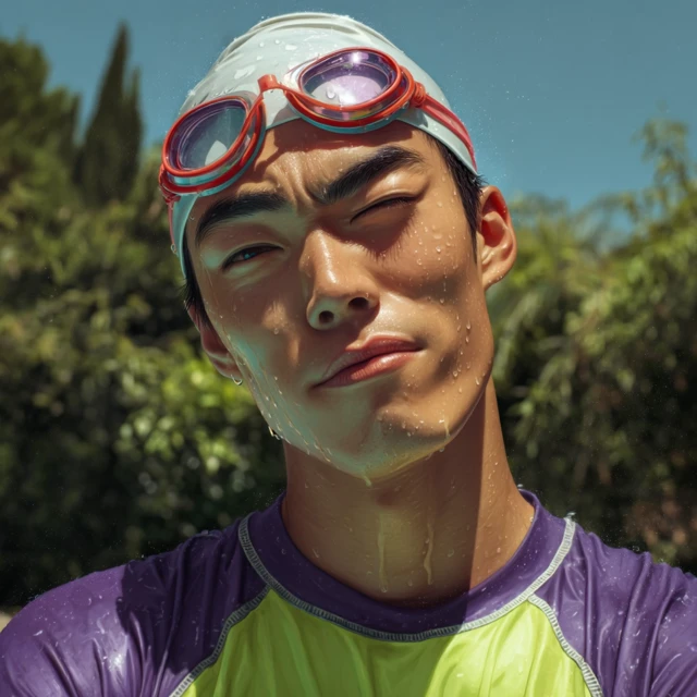 Asian Swimmer with Goggles Whimsical Portrait