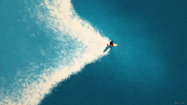 Minimalist Oil Painting Surfer Riding Wave Aerial View