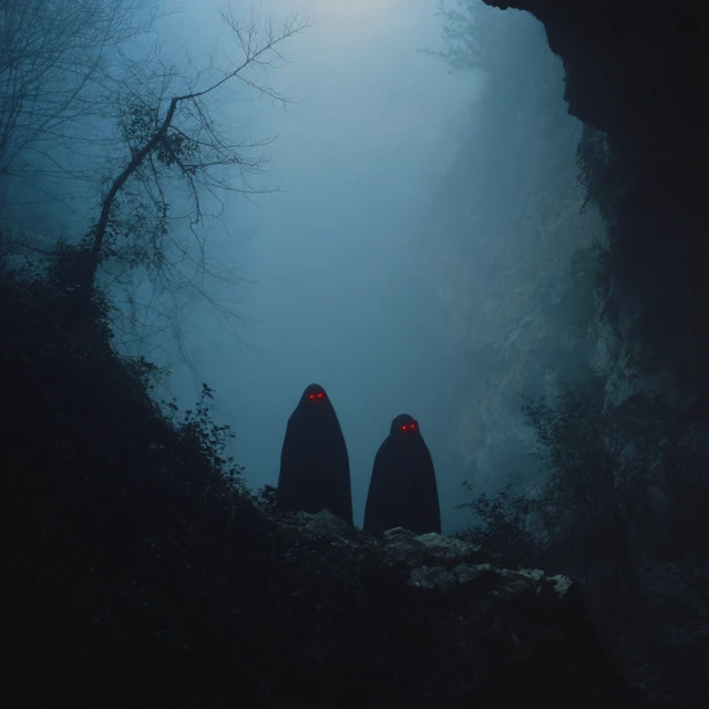 Eerie Silhouettes in Cloaks Red Eyes Canyon