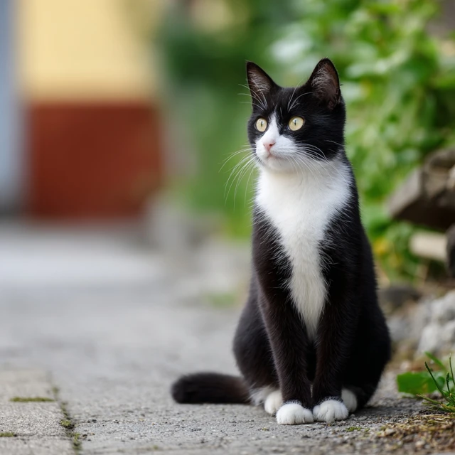 Tuxedo Cat Sitting Upright Adorable Black and White Cat