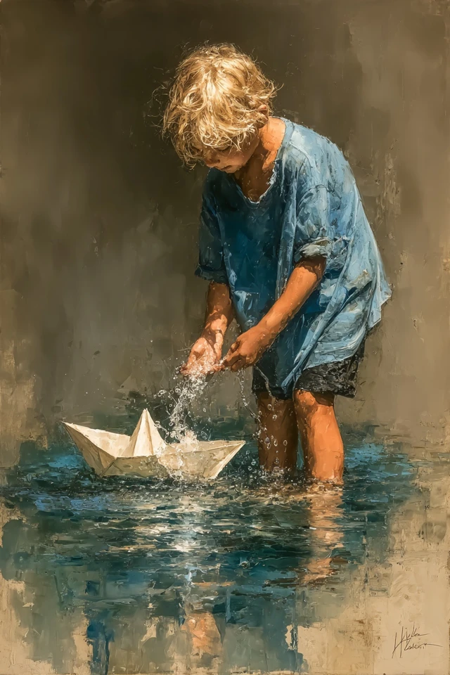 Dark Fantasy Boy and Paper Boat Painting