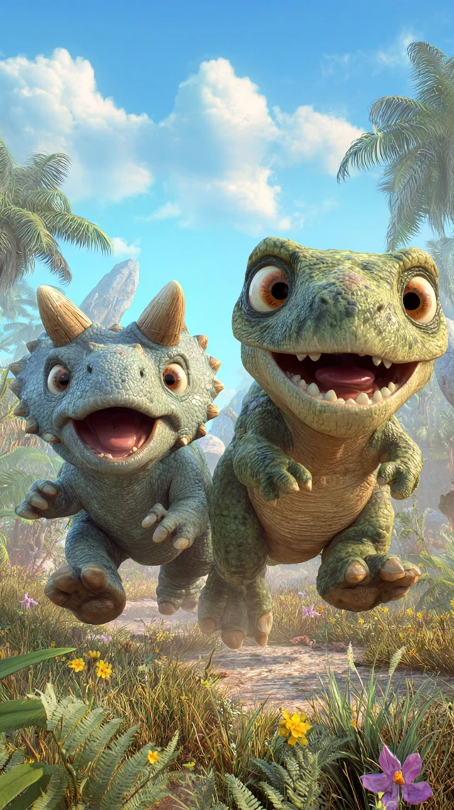 Adorable T Rex and Triceratops Prehistoric Fun HD