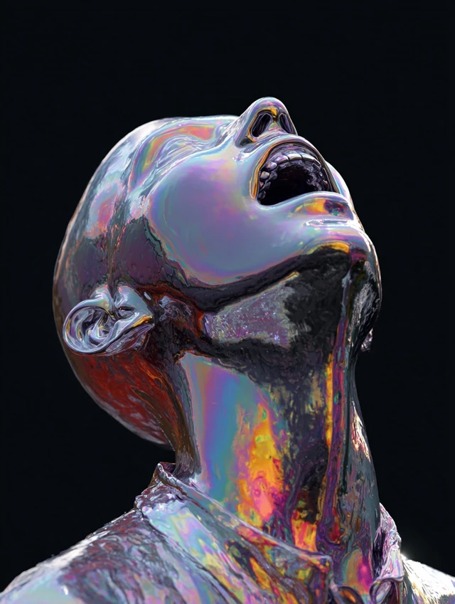 Iridescent Liquid Human Figure Against Black Background
