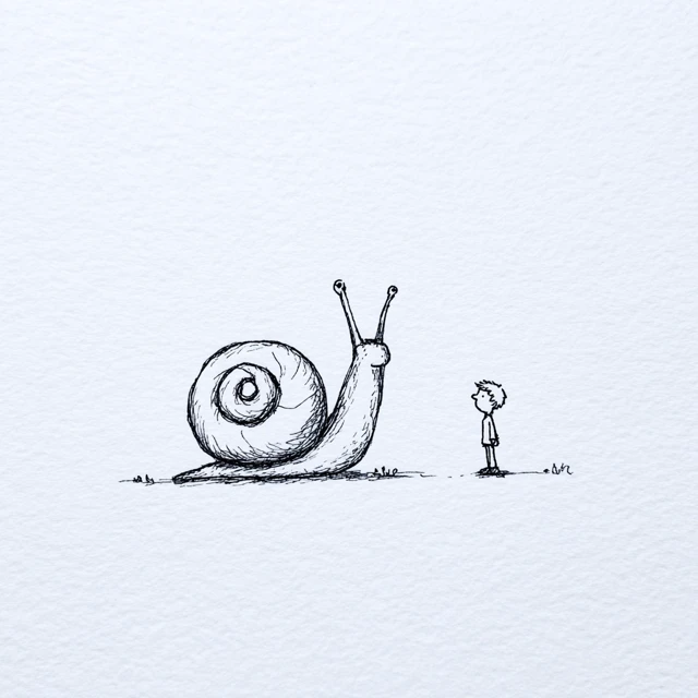 Snail and Child Minimalist Ink Drawing