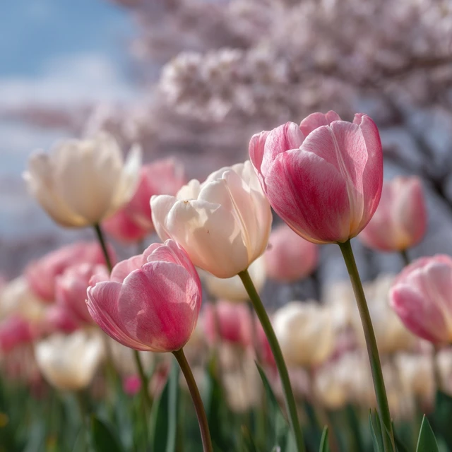 Pink Tulips and Cherry Blossoms in Bloom
