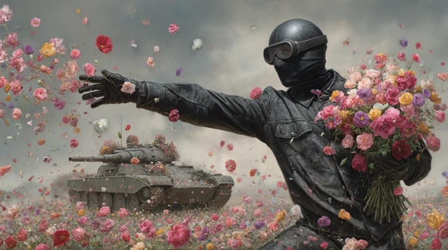 Photorealistic Image: Soldier with Flowers and a Tank
