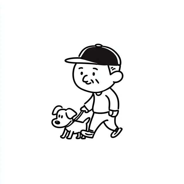Elderly Man Walking Dog Cute Cartoon Illustration