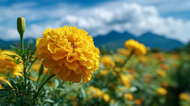 Vibrant Yellow Marigold Flower and Mountain Landscape