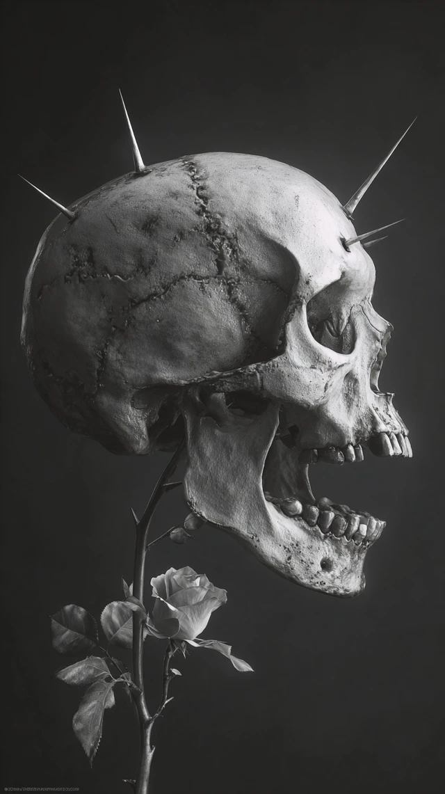Surreal Skull with Rose Thorns Art